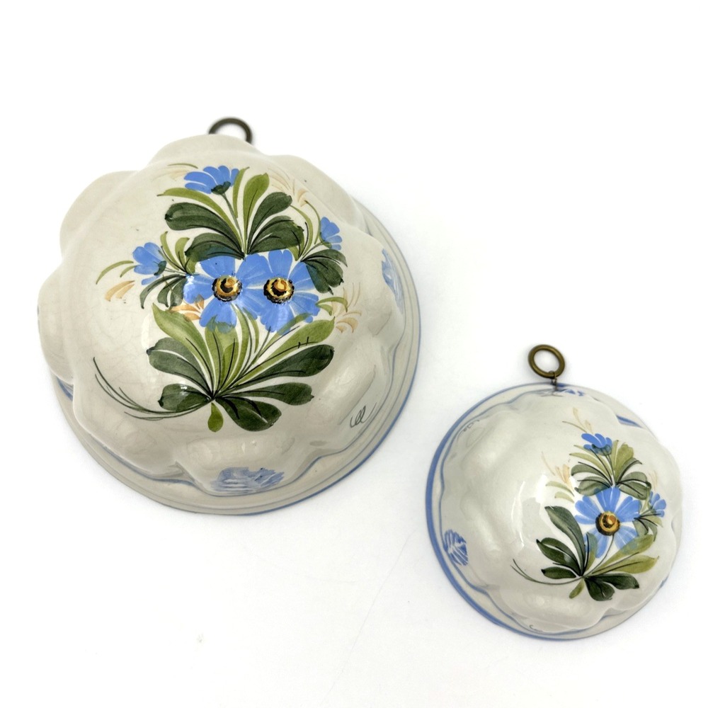Ceramiche ABC Bassano Italy Mold Set of 2 White Blue Floral Hand Painted Vintage